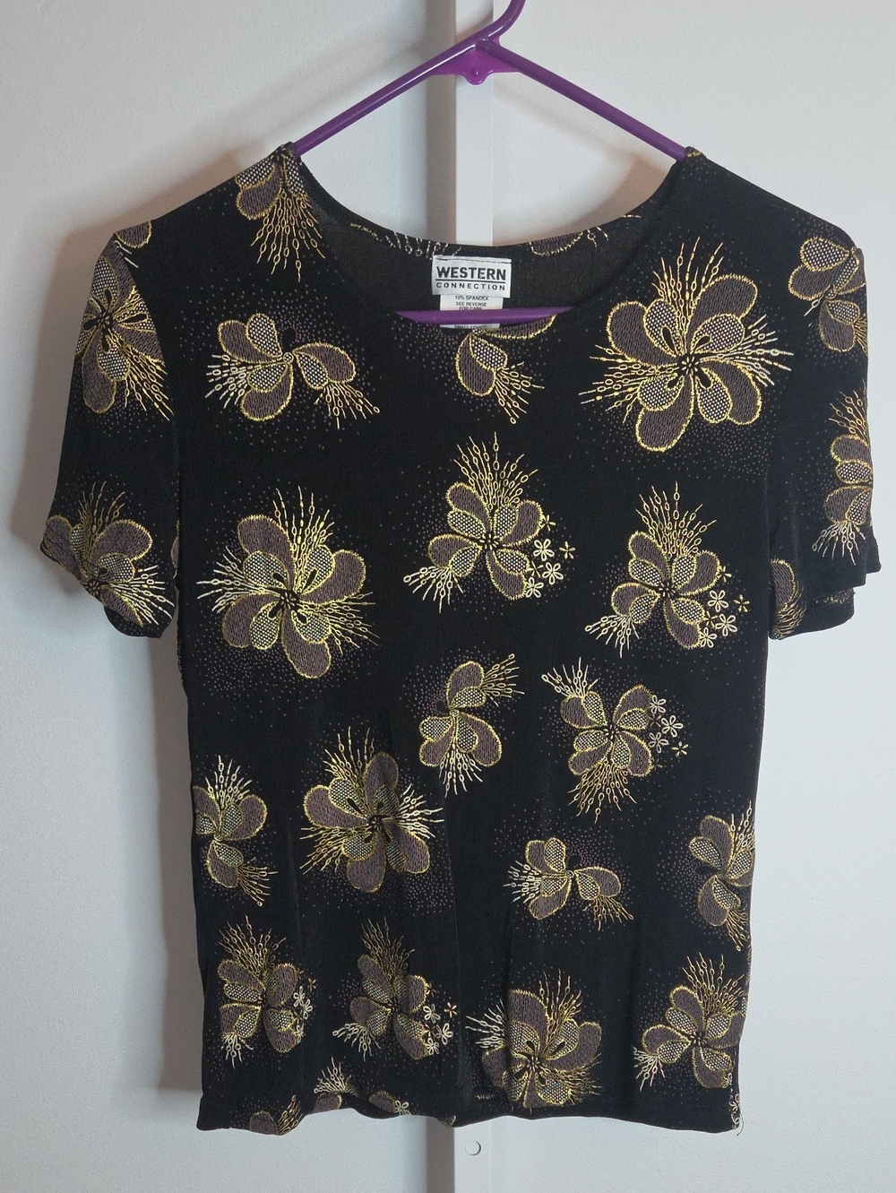Vintage Western Connection Black Gold Metallic Floral Top Small 90s Made in USA
